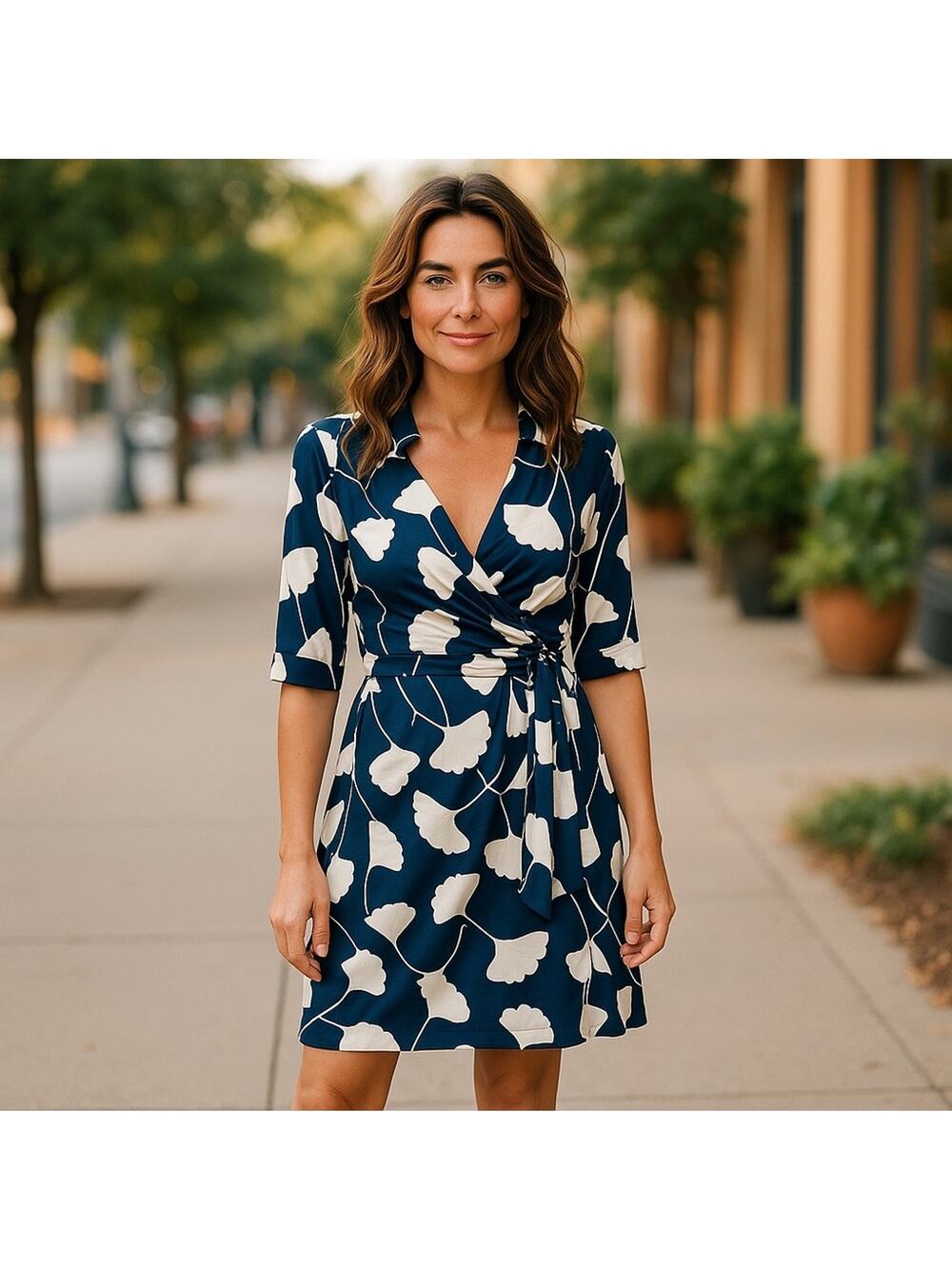Diane von Furstenberg 100% Silk Wrap Dress Navy and Cream - Size 4